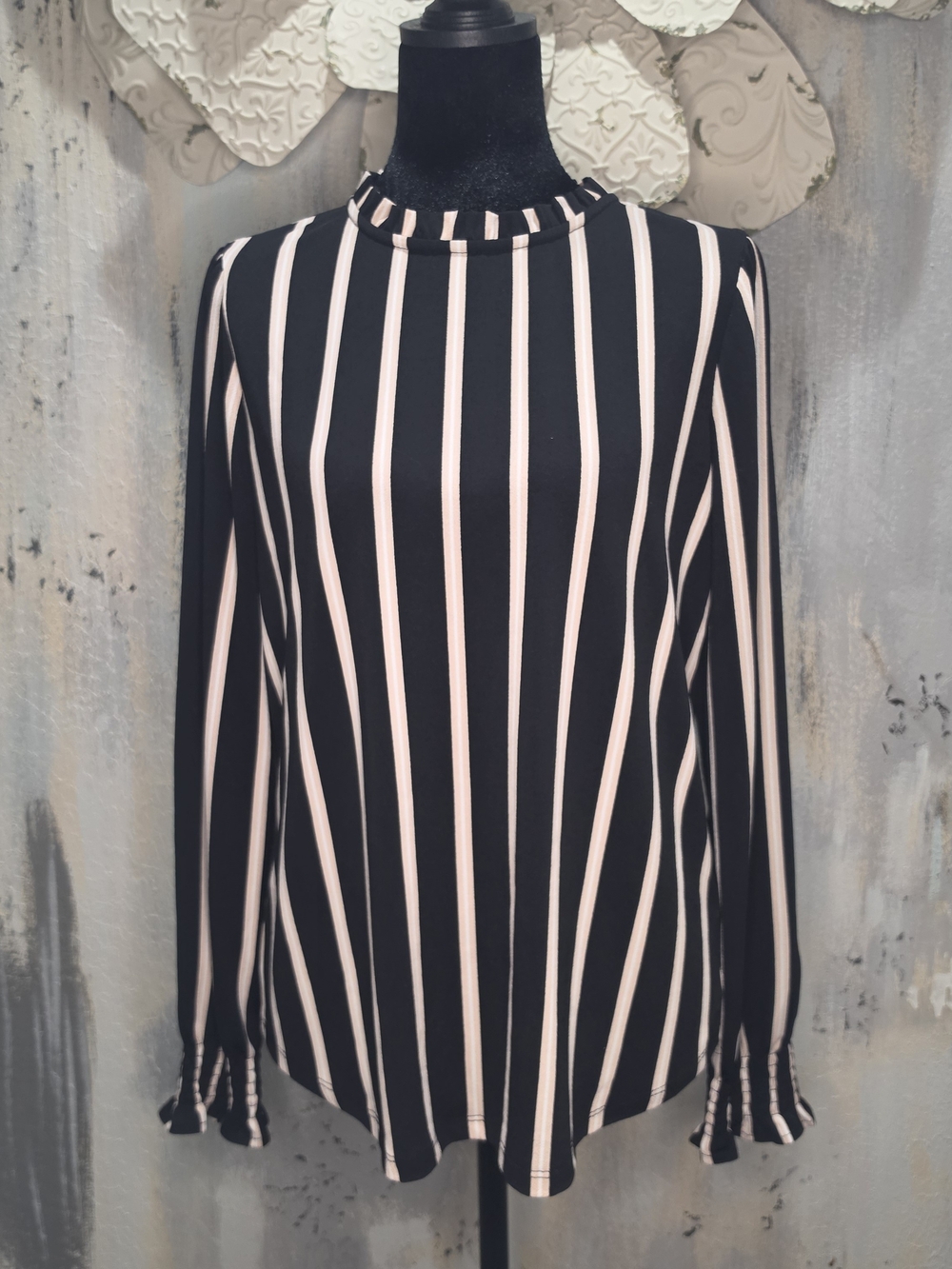 Adrianna Papell Black with Blush Vertical Stripe Long-Sleeve Mock Neck Top